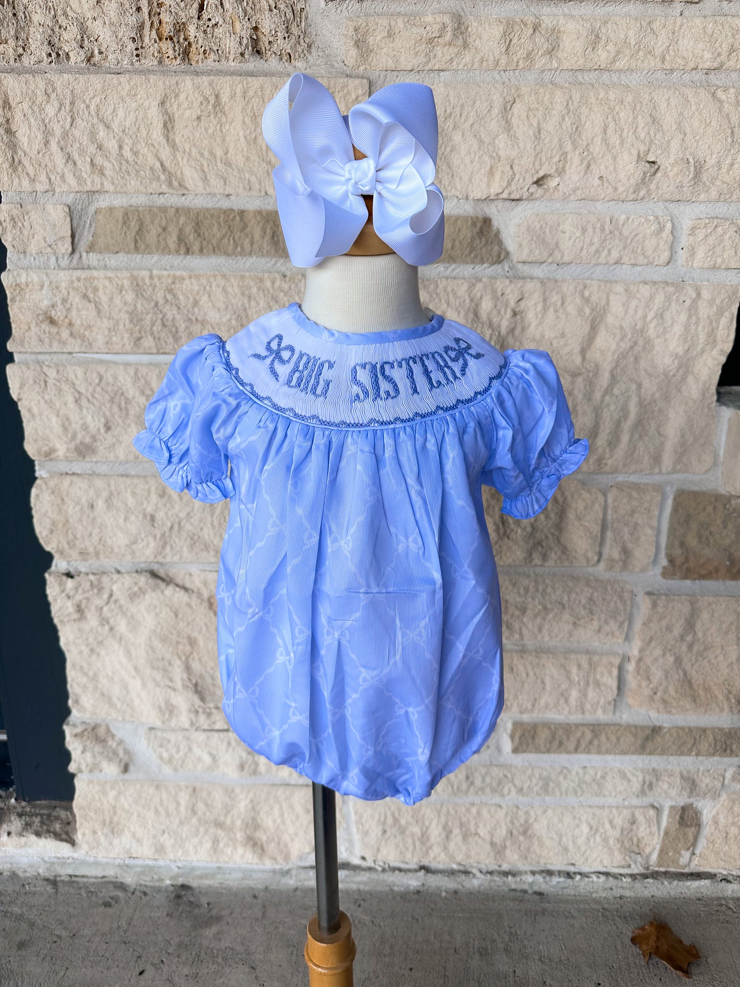 Smocked Flamingo Blue Big Sister Trellis Bow Bubble