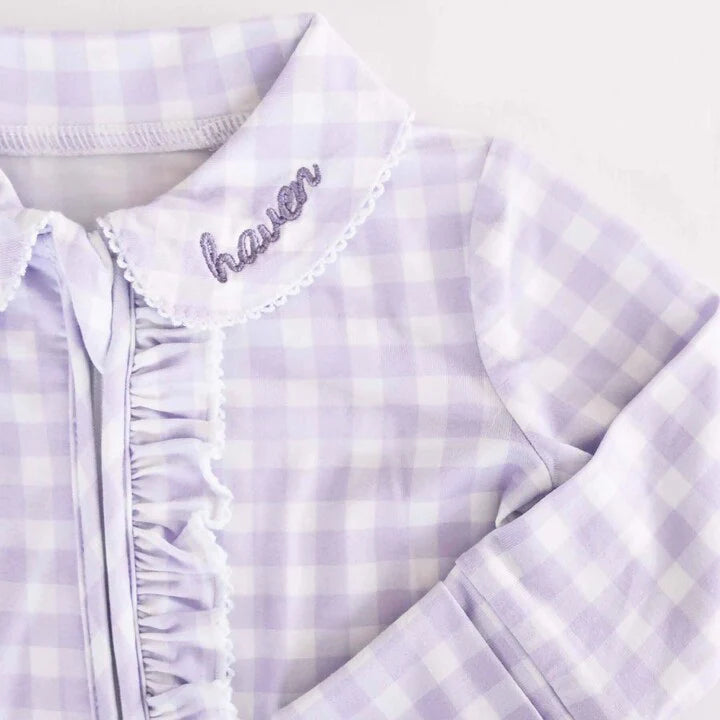 Caden Lane Lilac Gingham Peter Pan Collared Ruffle Footie