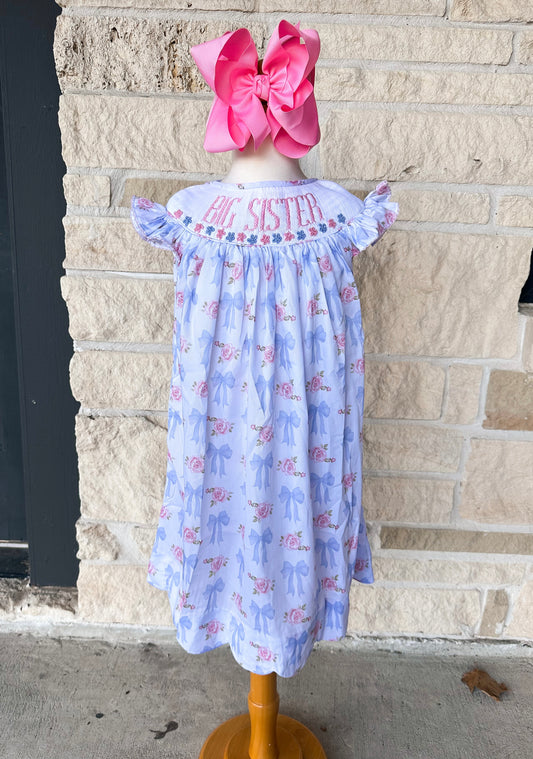Smocked Flamingo Rose & Bow Big Sister Dress