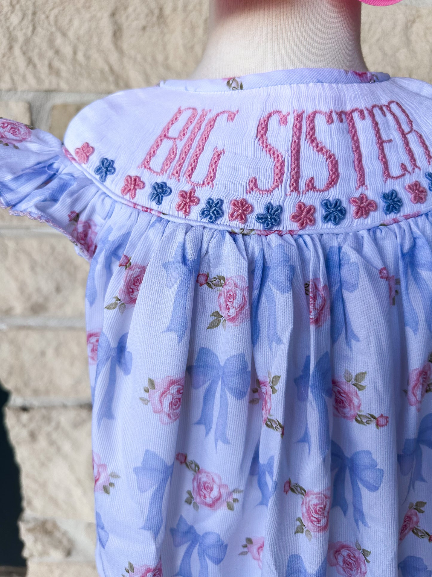 Smocked Flamingo Rose & Bow Big Sister Bubble