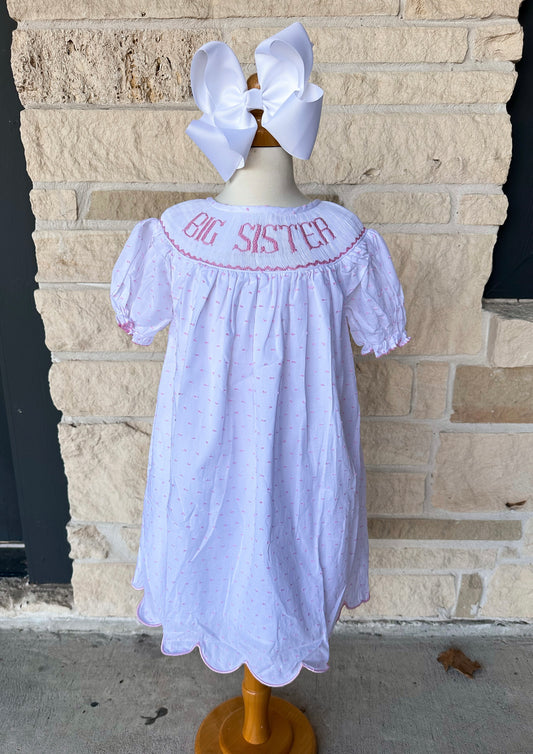 Smocked Flamingo Pink Big Sister Swiss Dot Dress