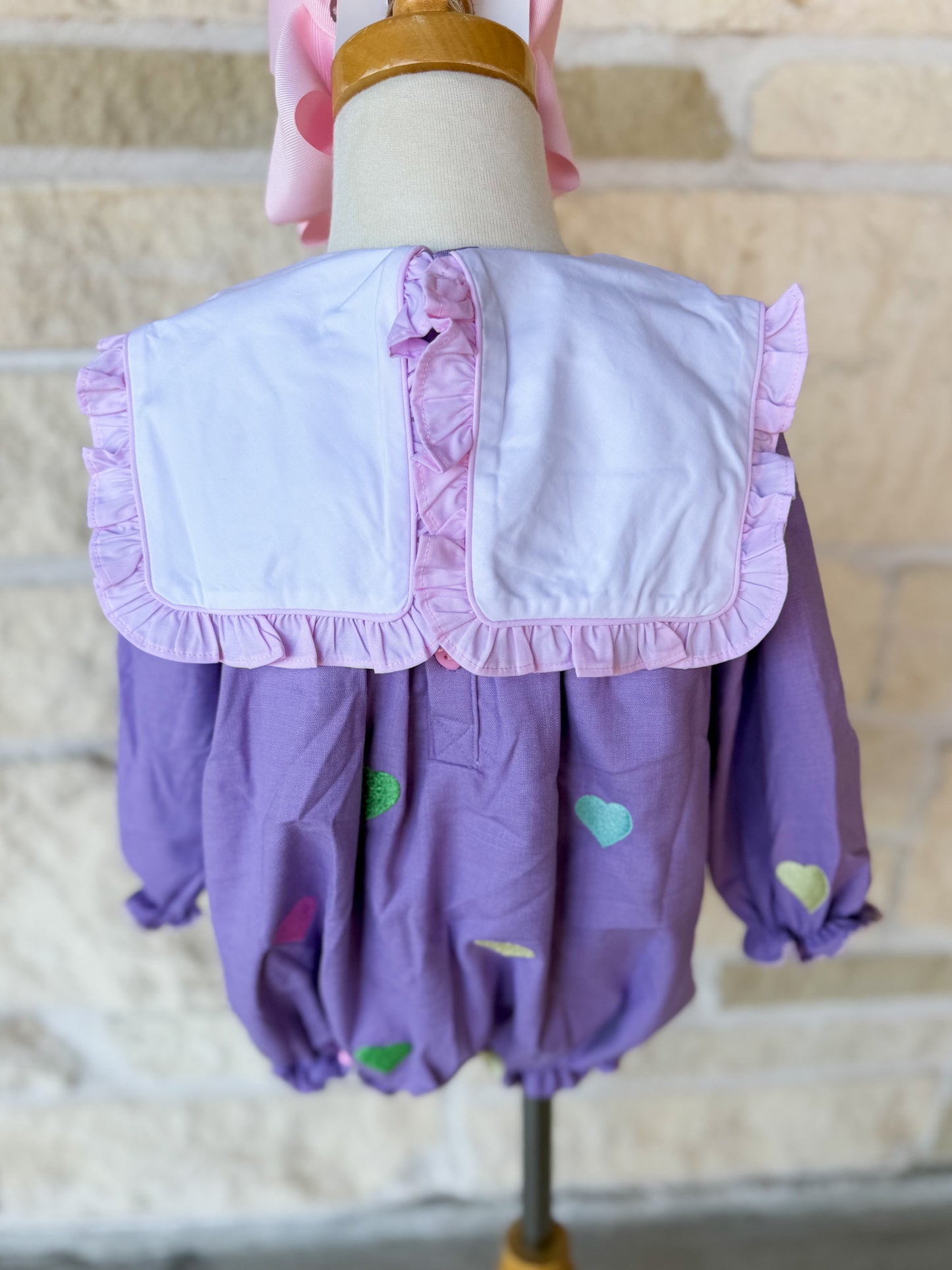 Smocked Flamingo Embroidered Hearts Lavender Linen Bubble