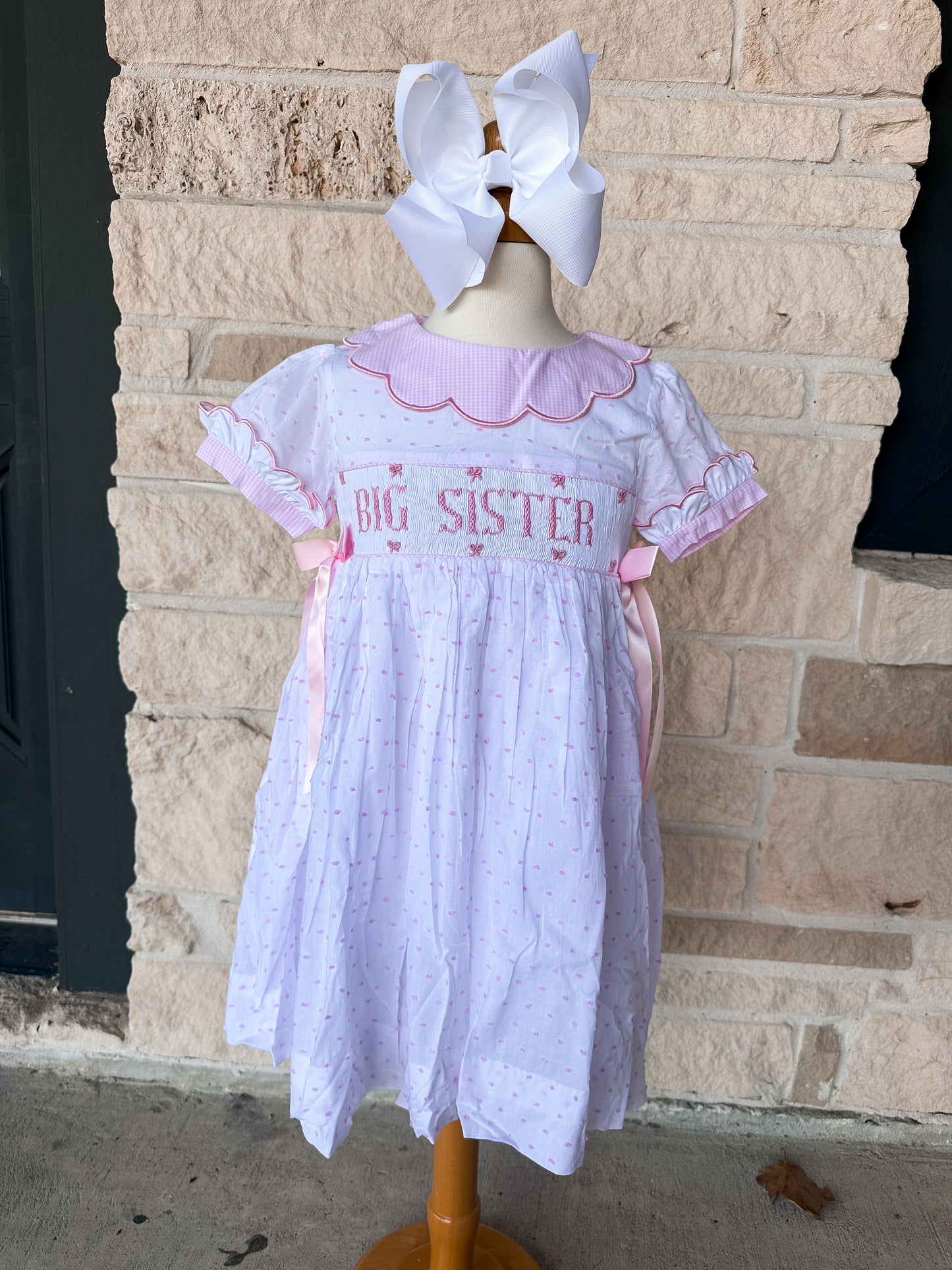 Smocked Flamingo Pink Big Sister Swiss Dot Bow Dress
