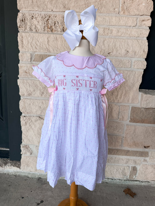 Smocked Flamingo Pink Big Sister Swiss Dot Bow Dress