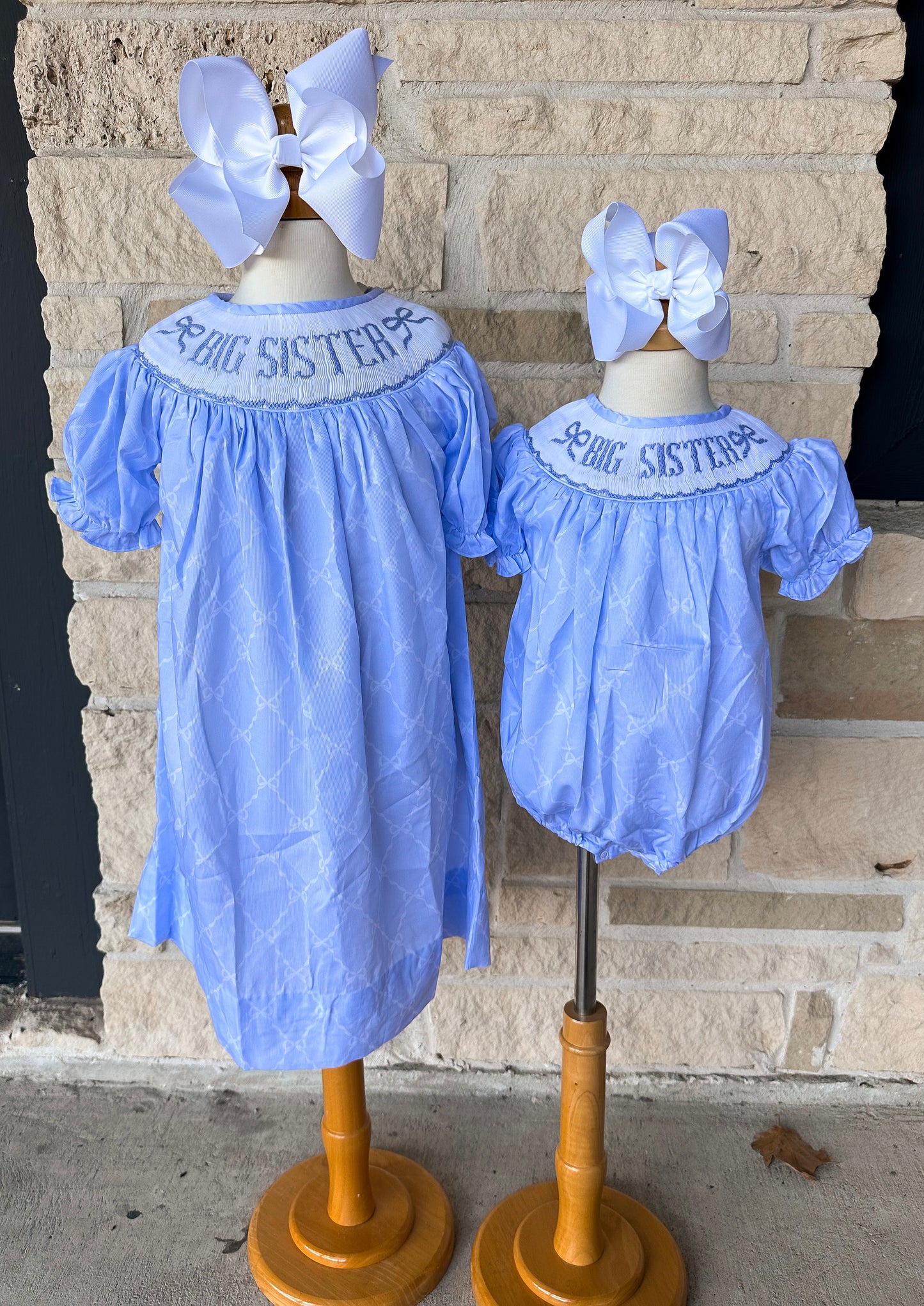 Smocked Flamingo Blue Big Sister Trellis Bow Bubble