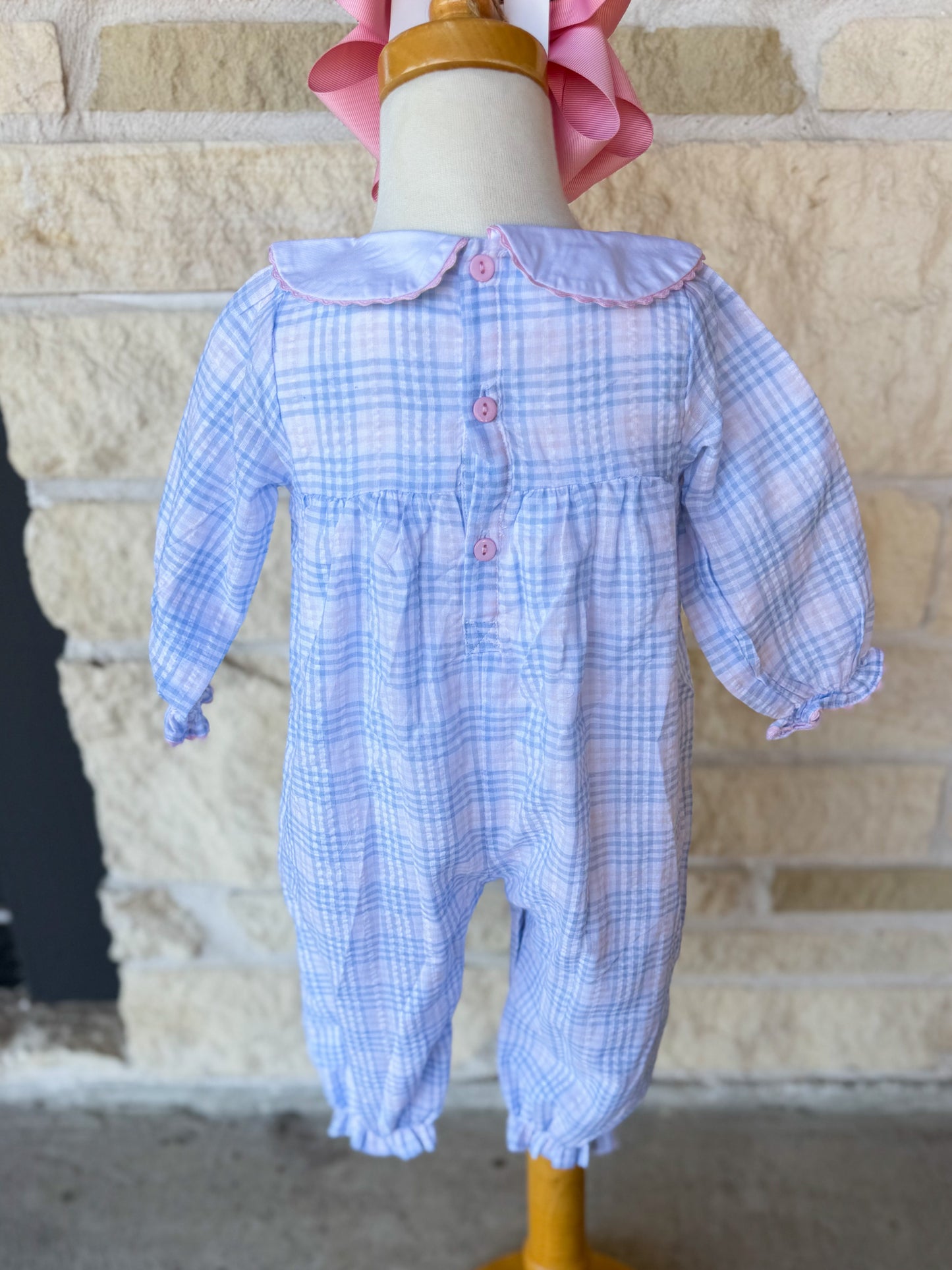 Smocked Flamingo French Knot Heart Seersucker Romper