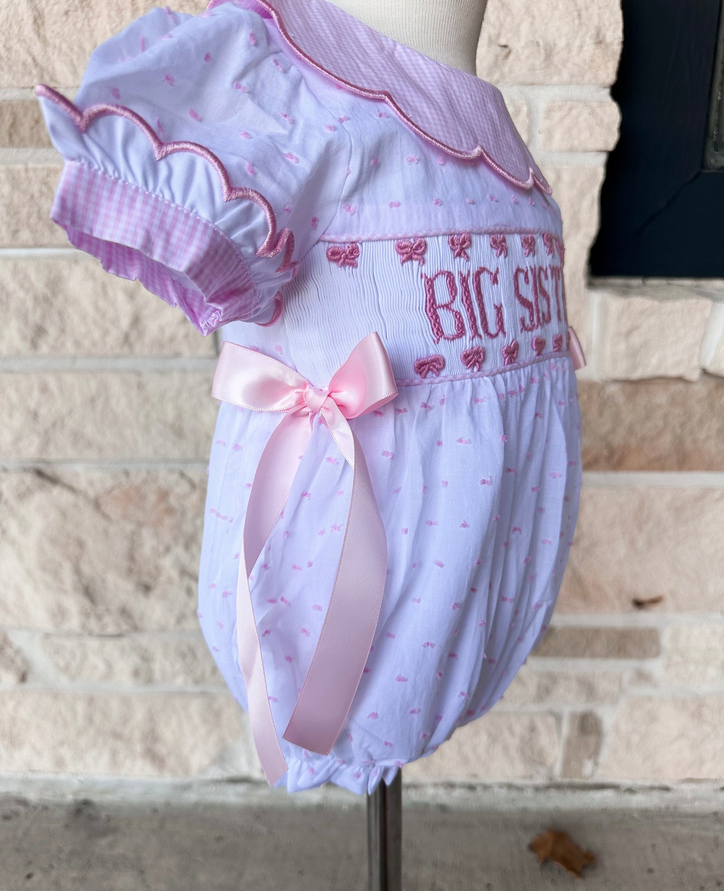 Smocked Flamingo Pink Big Sister Swiss Dot Bow Bubble