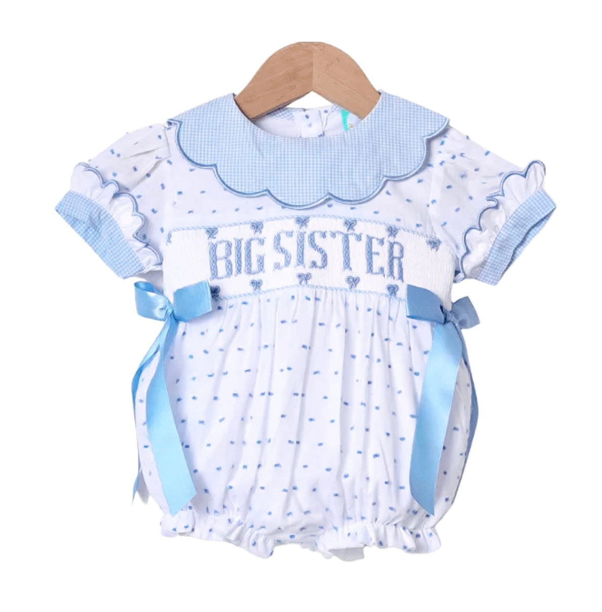 Smocked Flamingo Blue Big Sister Swiss Dot Bow Bubble