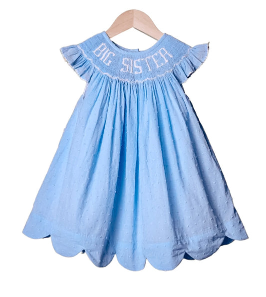 Smocked Flamingo Blue Big Sister Swiss Dot Dress