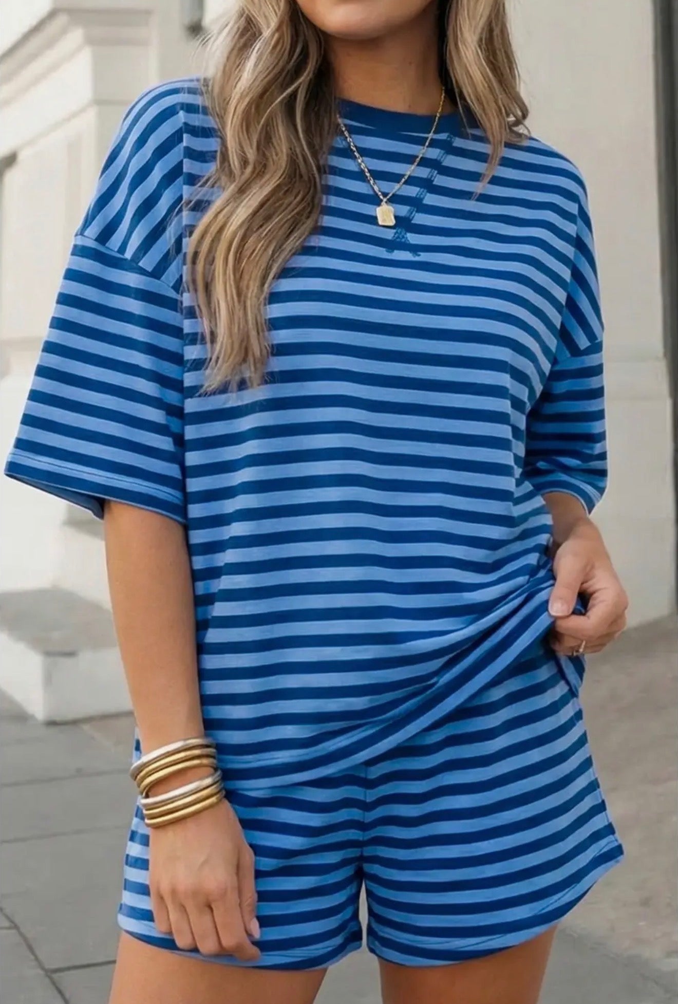 Women’s Blue Stripe Short Set
