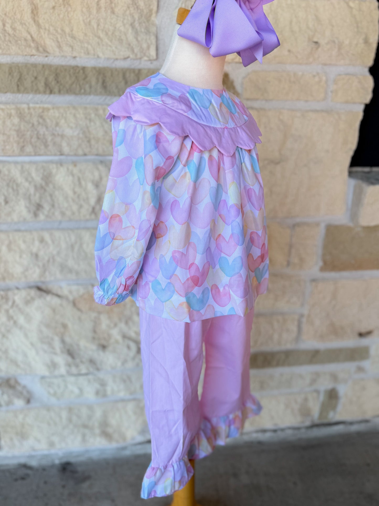 Smocked Flamingo Colorful Heart Scalloped Pant Set