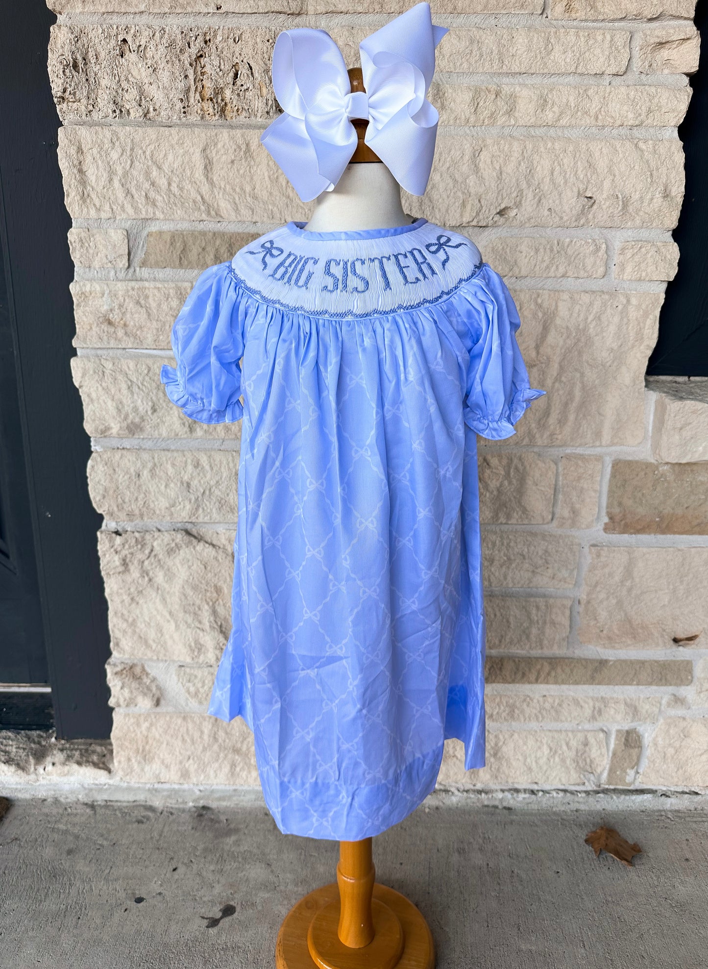 Smocked Flamingo Blue Big Sister Trellis Bow Dress