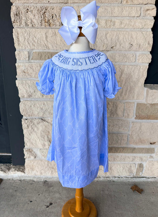 Smocked Flamingo Blue Big Sister Trellis Bow Dress