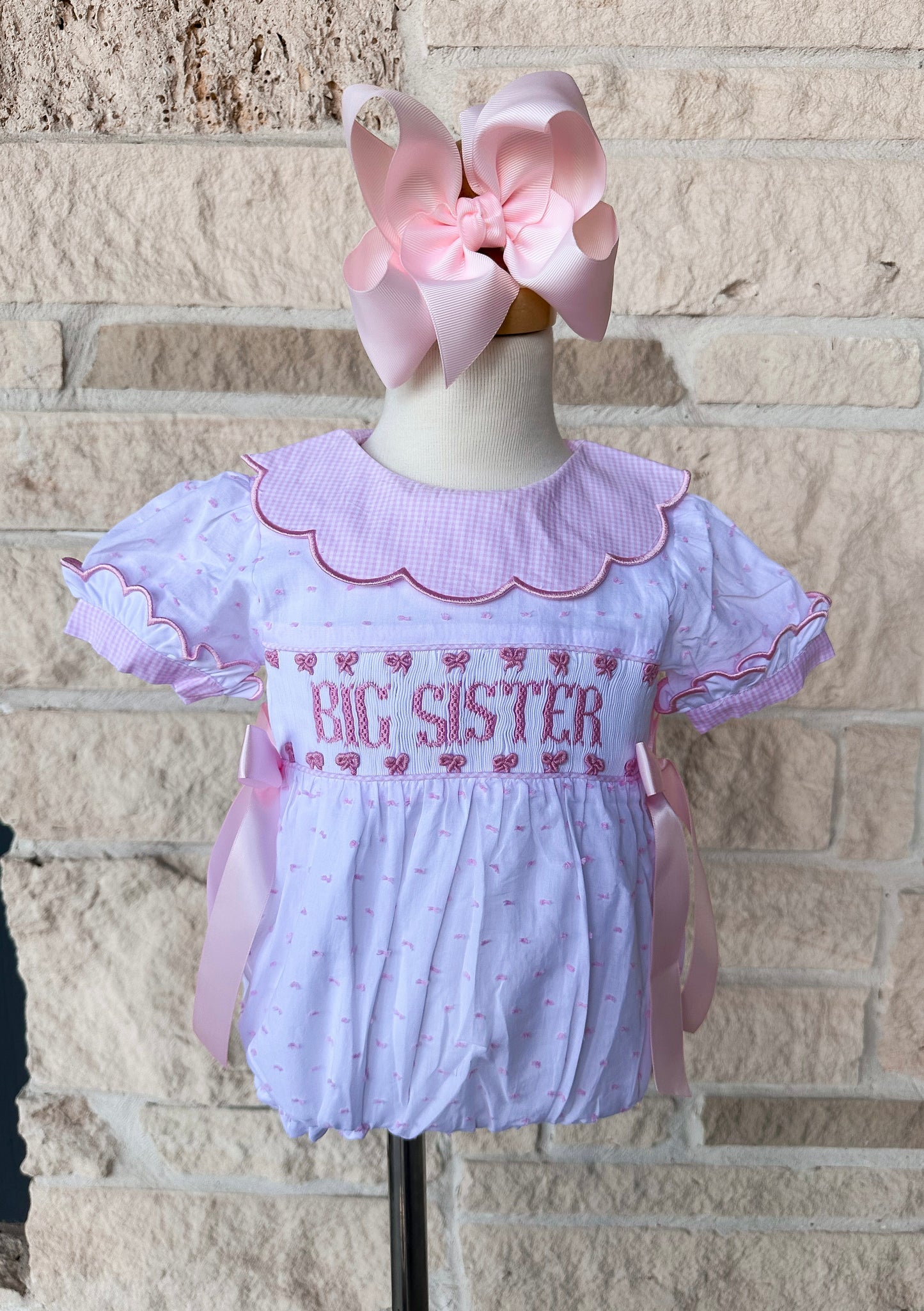 Smocked Flamingo Pink Big Sister Swiss Dot Bow Bubble