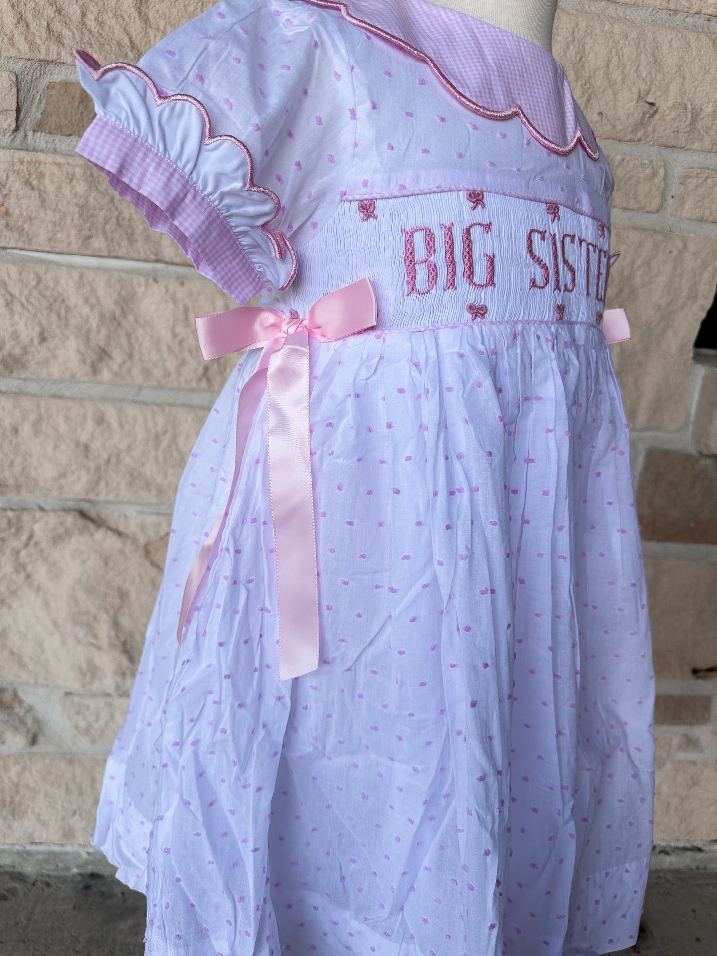 Smocked Flamingo Pink Big Sister Swiss Dot Bow Dress