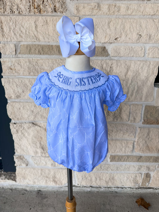 Smocked Flamingo Blue Big Sister Trellis Bow Bubble