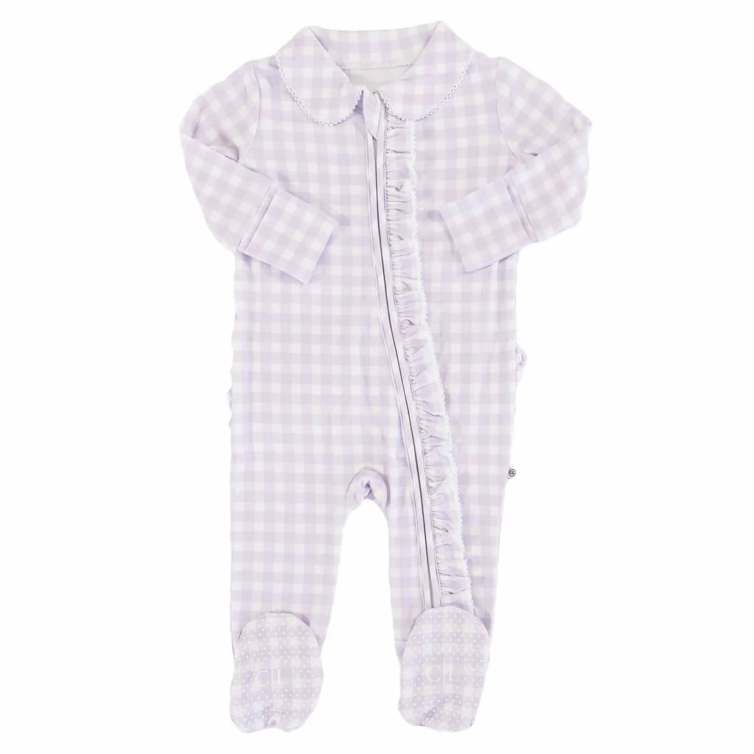 Caden Lane Lilac Gingham Peter Pan Collared Ruffle Footie
