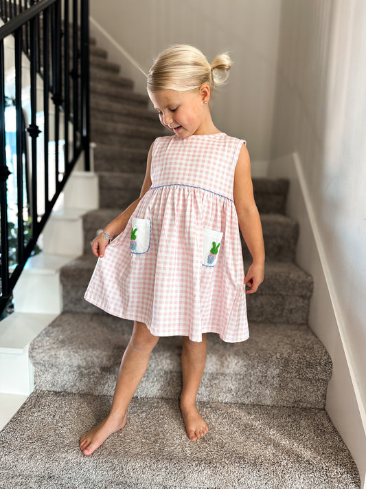 Smocked Flamingo Pink Gingham Bunny Dress