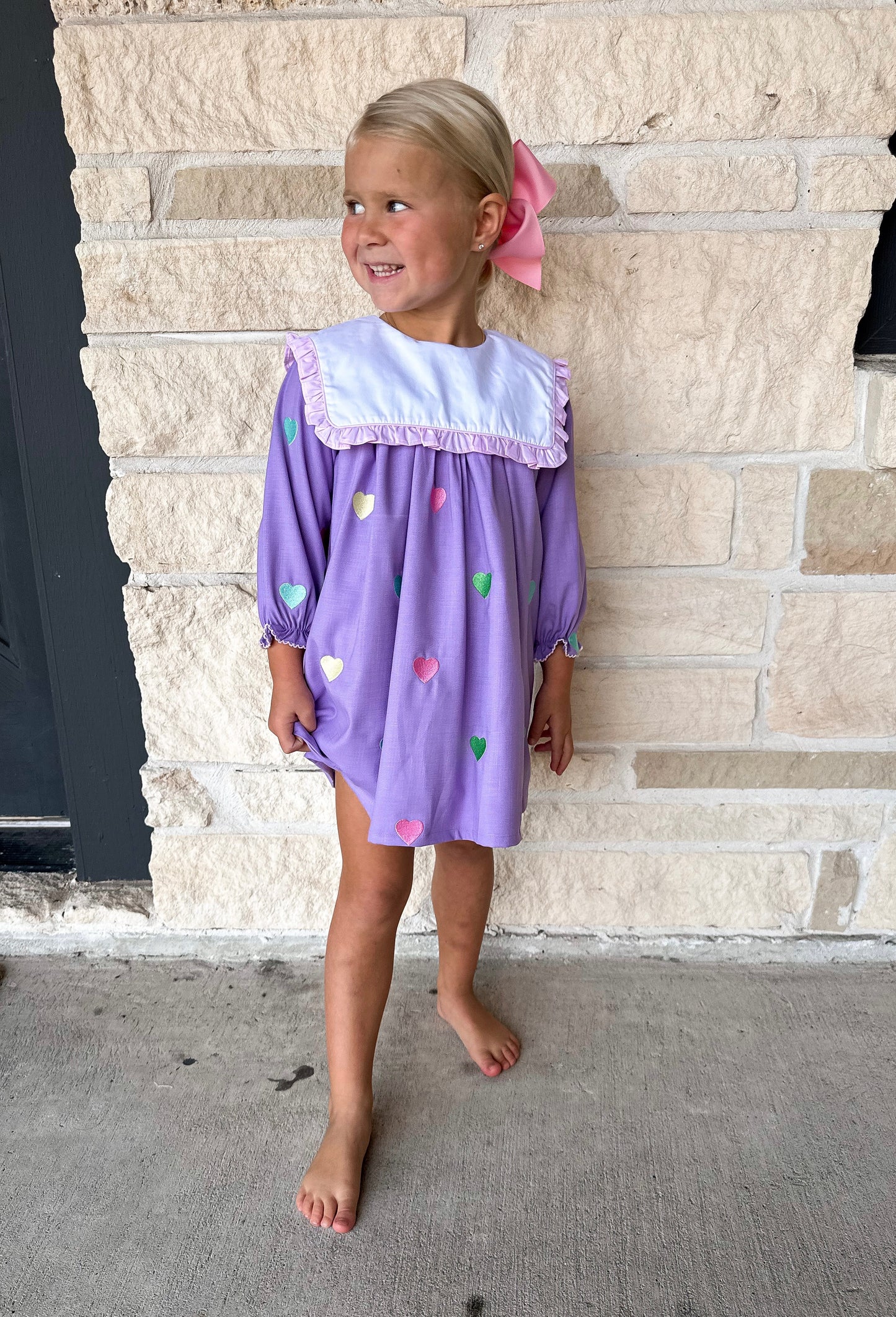 Smocked Flamingo Embroidered Hearts Lavender Linen Dress