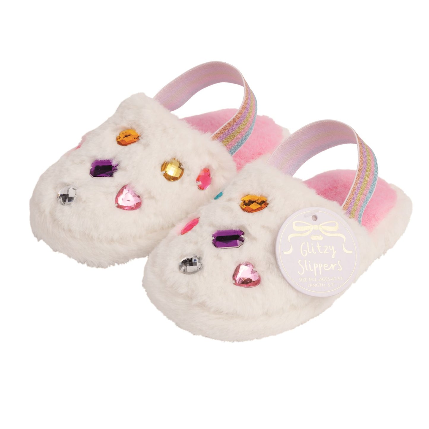 Mud Pie White Jeweled Fur Slippers