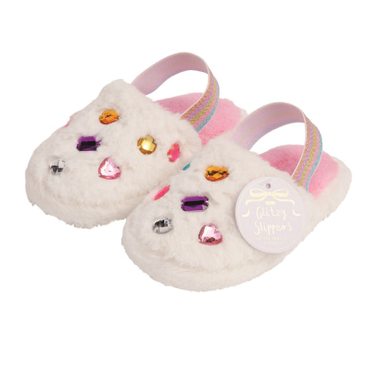 Mud Pie White Jeweled Fur Slippers