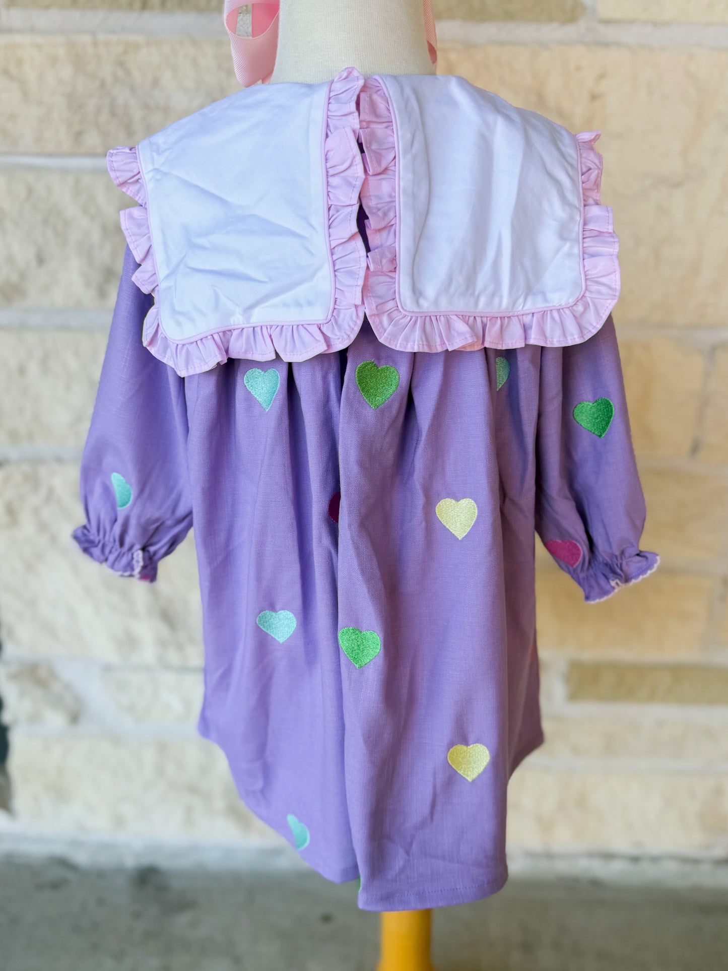 Smocked Flamingo Embroidered Hearts Lavender Linen Dress