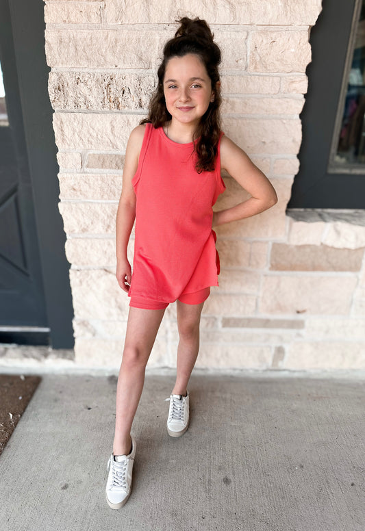 Good Girl Coral Knit Biker Short Set
