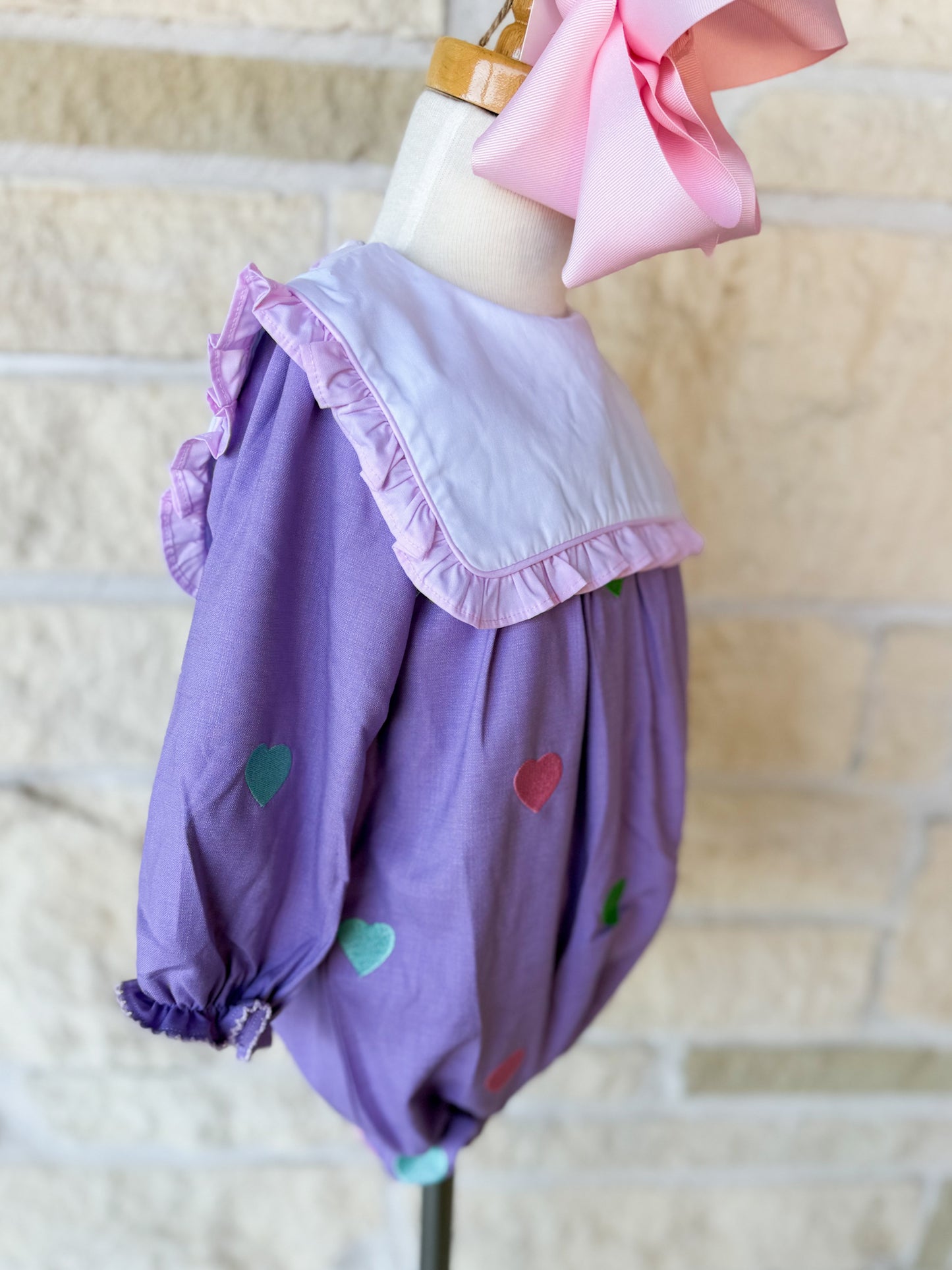 Smocked Flamingo Embroidered Hearts Lavender Linen Bubble