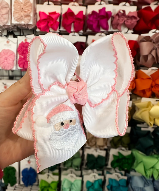 Embroidered Pink Santa 5.5” Bow