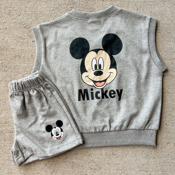 Grey Mickey Embroidered Tank + Short Set