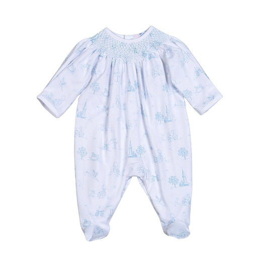 Baby Loren Blue Toile Pima Smocked Footie