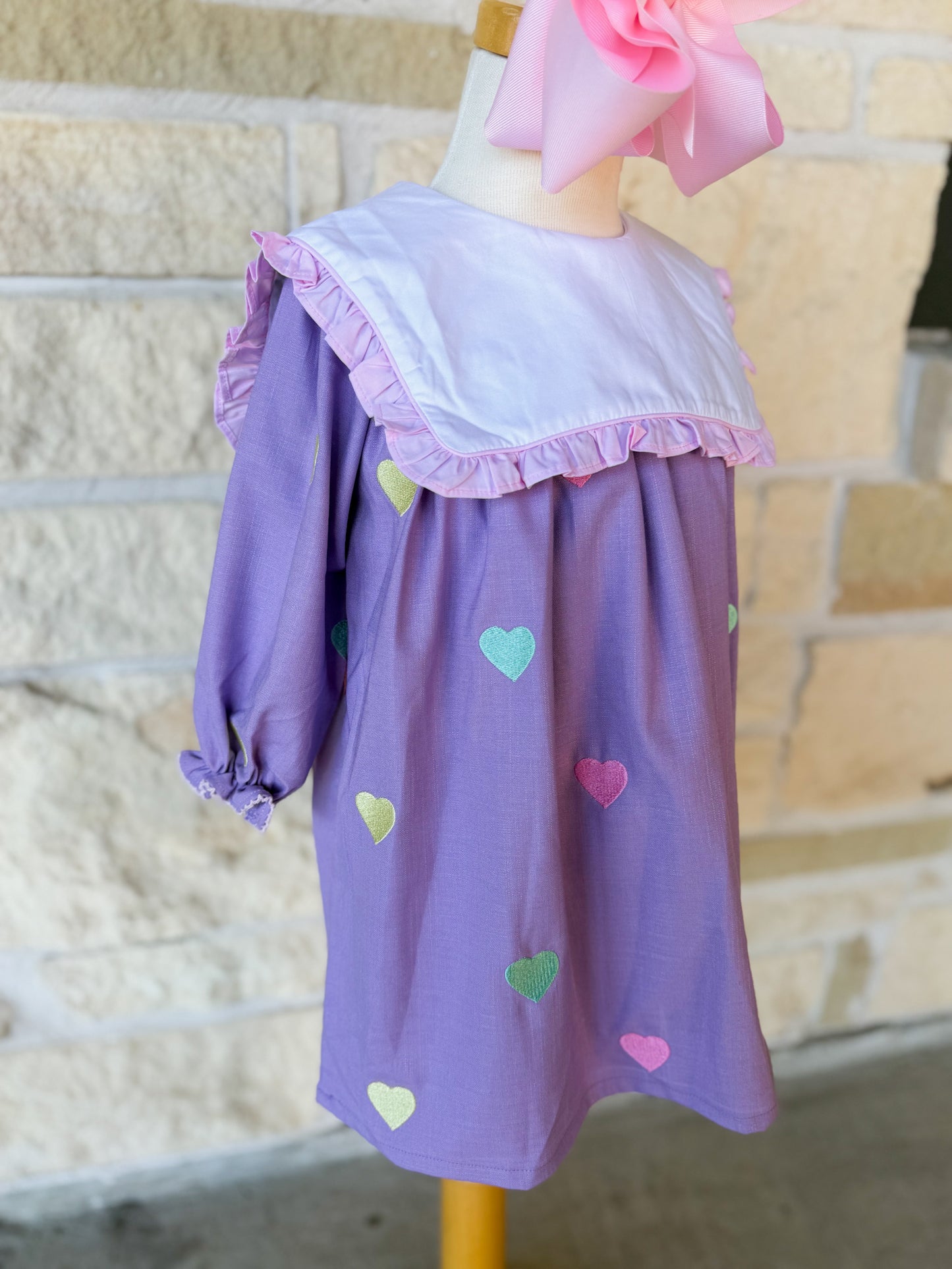 Smocked Flamingo Embroidered Hearts Lavender Linen Dress