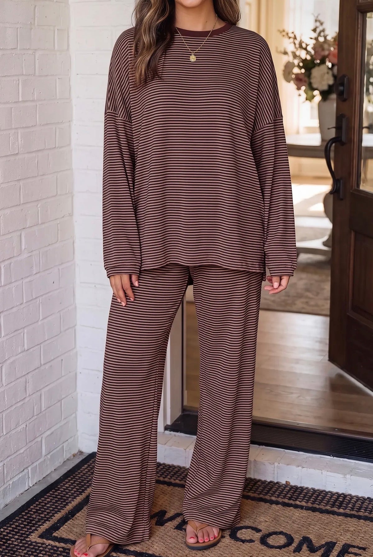 Brown Stripe Pant Set