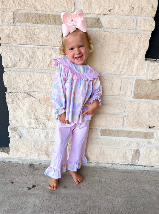 Smocked Flamingo Colorful Heart Scalloped Pant Set