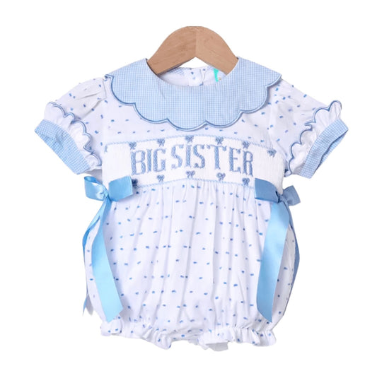 Smocked Flamingo Blue Big Sister Swiss Dot Bow Bubble