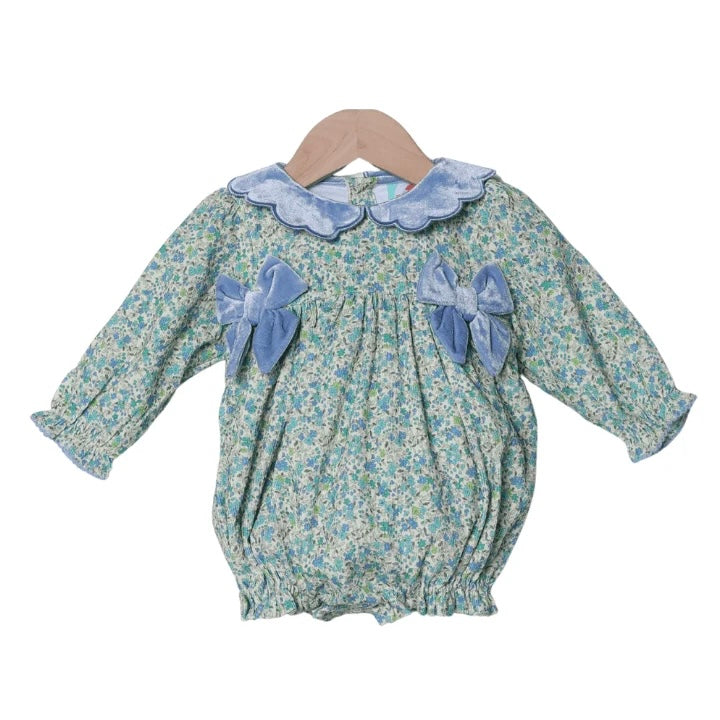 Smocked Flamingo Fall Floral Velvet Bow Bubble
