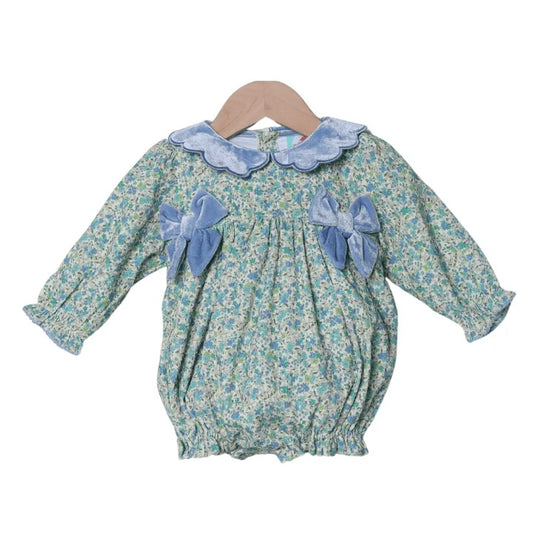 Smocked Flamingo Fall Floral Velvet Bow Bubble