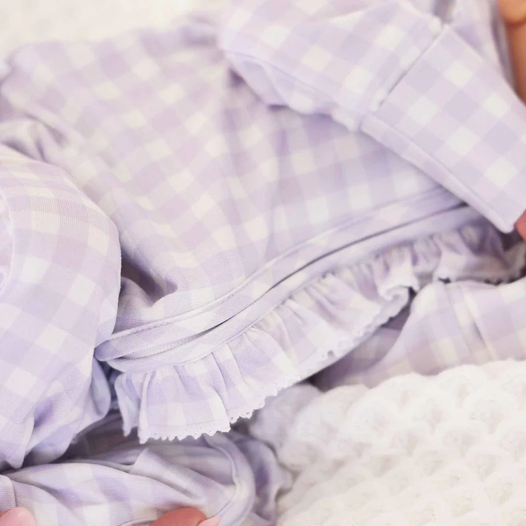 Caden Lane Lilac Gingham Peter Pan Collared Ruffle Footie