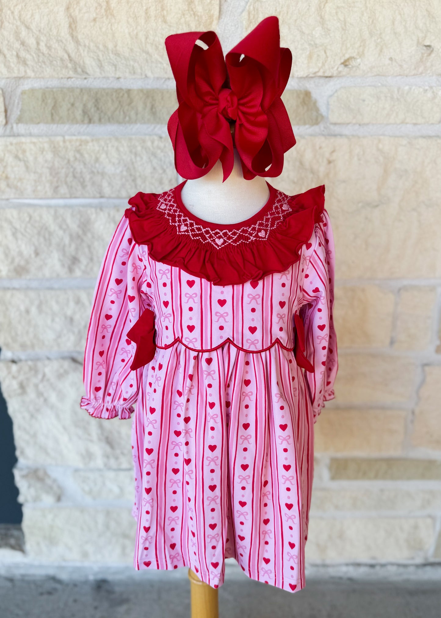 Smocked Flamingo Smocked Hearts Bow Dress
