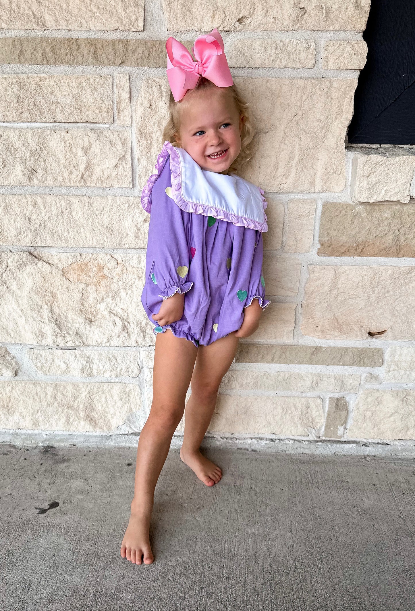 Smocked Flamingo Embroidered Hearts Lavender Linen Bubble