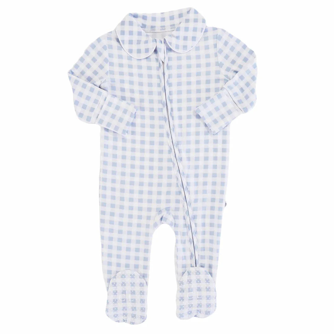 Caden Lane Dusty Blue Gingham Peter Pan Collared Footie