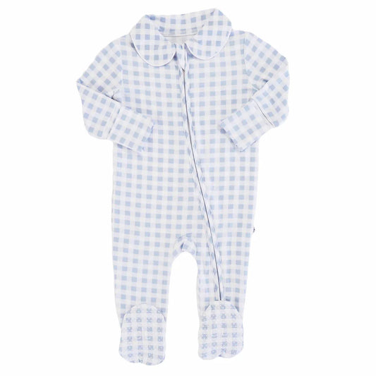 Caden Lane Dusty Blue Gingham Peter Pan Collared Footie