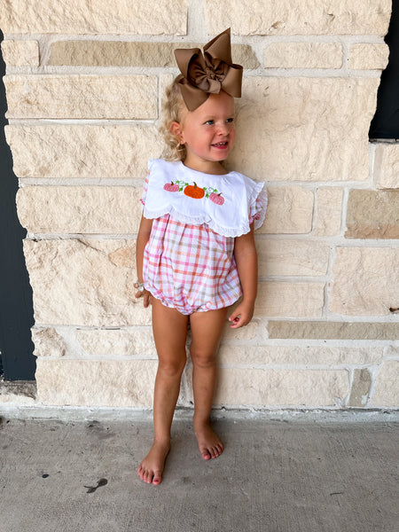 Smocked Flamingo Hand Embroidered Plaid Pumpkin Bubble