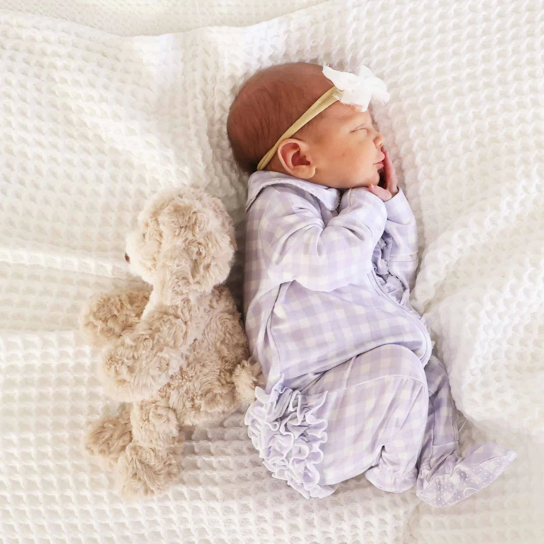 Caden Lane Lilac Gingham Peter Pan Collared Ruffle Footie