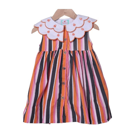 Smocked Flamingo Striped Candy Corn Embroidered Dress