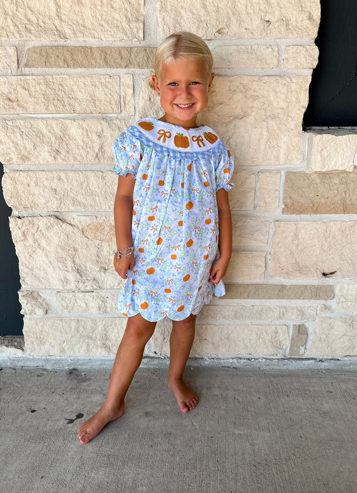Smocked Flamingo Floral Pumpkin Bow Scalloped Gingham Dress