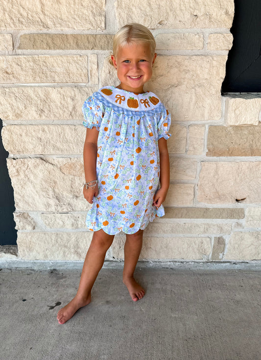 Smocked Flamingo Floral Pumpkin Bow Scalloped Gingham Dress