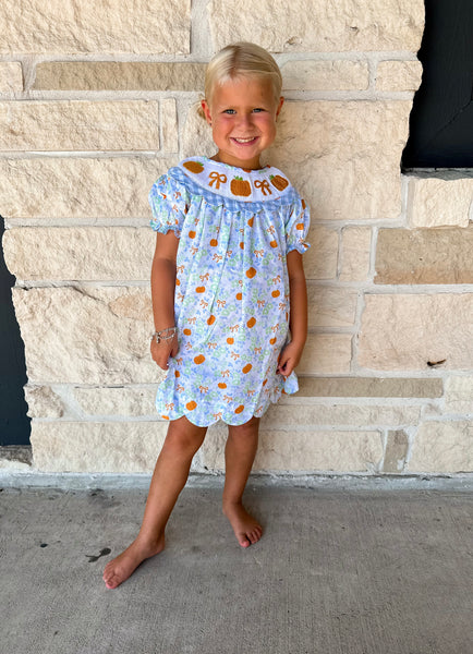 Smocked Flamingo Floral Pumpkin Bow Scalloped Gingham Dress