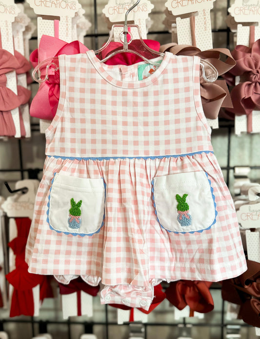 Smocked Flamingo Pink Gingham Bunny Skirted Bubble