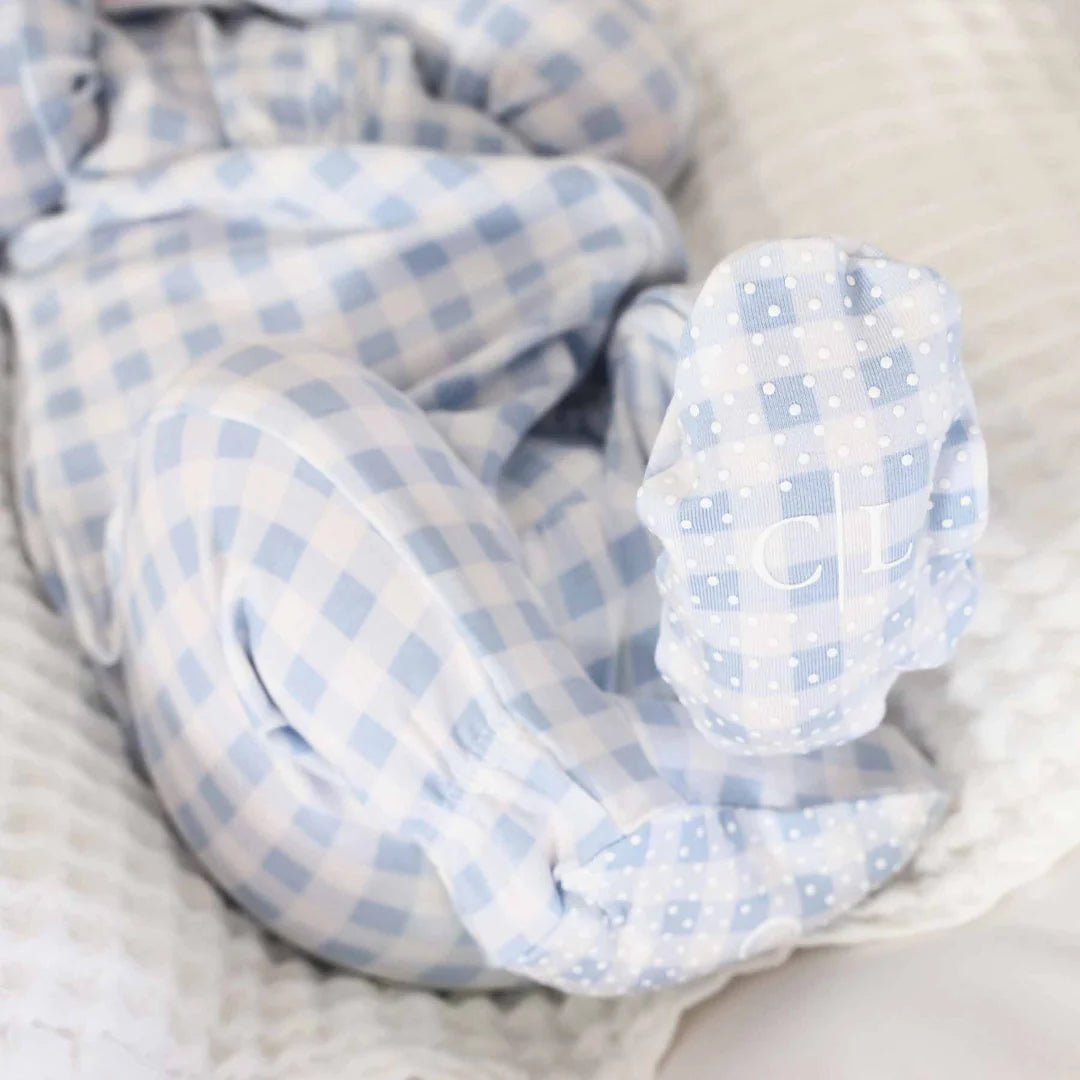 Caden Lane Dusty Blue Gingham Peter Pan Collared Footie